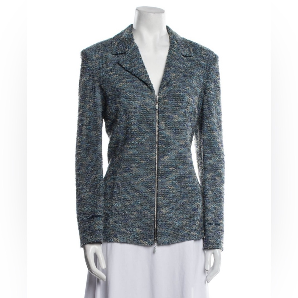 St. John Collection Tweed Blue Multicolor Zipper Front Blazer Jacket EUC Size 8